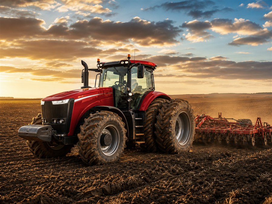 Illustrative heavy-duty tractor cultivating a large field